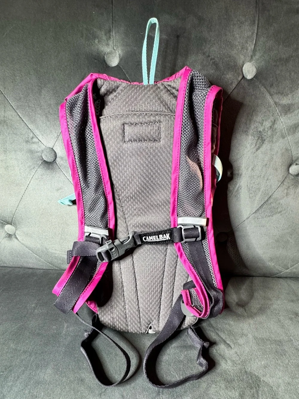CamelBak Mini M.U.L.E. Kids’ Hydration Pink Backpack with Mint Flame Graphic